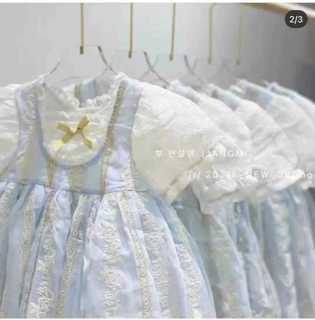 Summer Ice Blue Toddler Girls Princess Dress Kids Embroidery Manicotto a sbuffo Boutique Abbigliamento Lolita Baby Outfit 210529