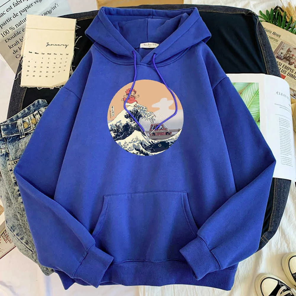Hokusai auf der Klippe am Meer männlicher Hoodie Herbst lose Mann Pullover Harajuku benutzerdefinierte Trainingsanzug bequeme Sweatshirts für männliche Y0804