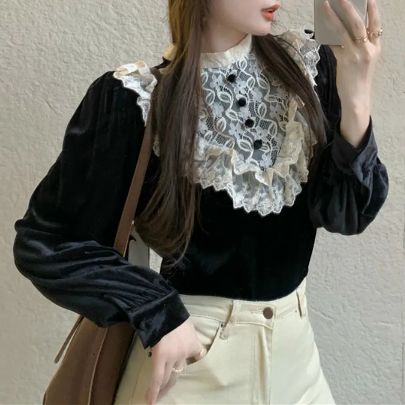 Ezgaga Frauen Bluse Koreanische Velours Elegante Stehkragen Spitze Patchwork Vintage Langarm Chic Damen Shirts Mode Blusas 210430