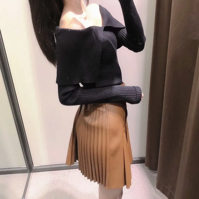Autumn Clothes Black Crop Knit Top Women Blouses White Off Shoulder Tops Woman Sweaters Fall Long Sleeve Bodycon Pullover 210430