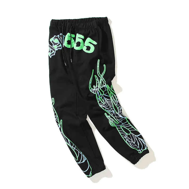 Nuevo patrón verde fluorescente 555555 Pantalones de chándal Sudaderas con capucha Sudadera Hombres Mujeres Impresión de espuma de llama Sp5der 555555 Pantalones Joggers