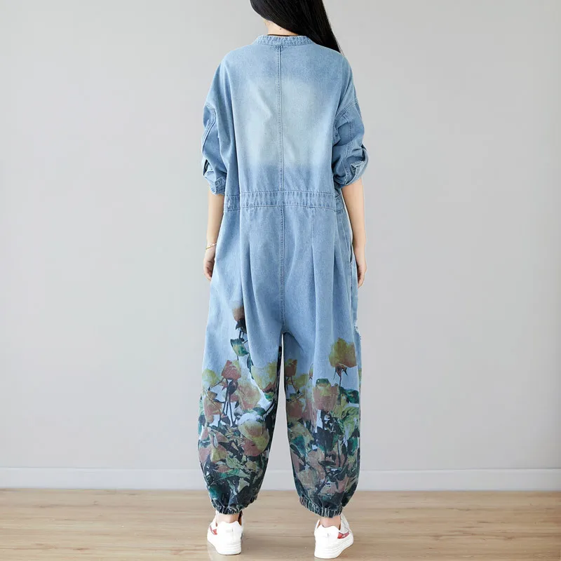 Johnature Femmes Denim Vintage Combinaisons Print Printemps Floral Spring O-Cou Bouton à manches longues Lâche Jumpsuits de ceinture femelle 210521