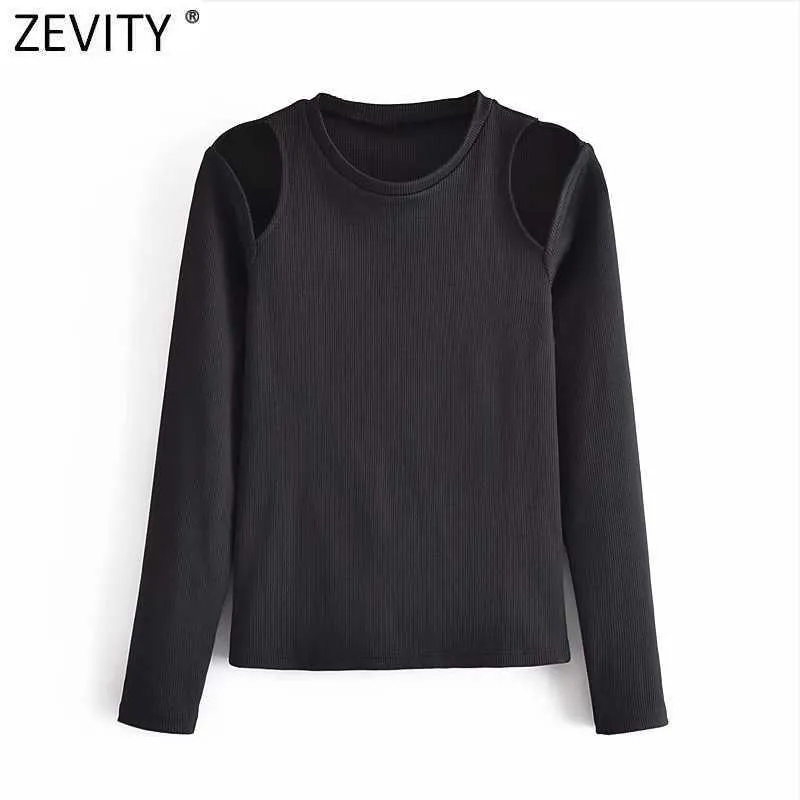 Zevity Women Basic O Neck Ramię Hollow Out Design Czarny Dzianiny Dorywczo Slim T-Shirt Kobiet Chic Lato Topy T800 210603