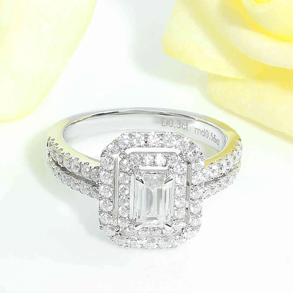VERYINS 14K White Gold Center Emerald Cut Double Halo Moissanite Engagement Ring for Women Aniversary Gift