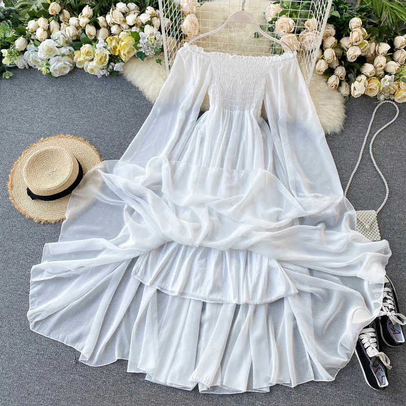 Vara Lin Outono Mulheres Elegante Vestidos de Férias Slow Sleeve Pescoço Off Ombro Smocked Branco Chiffon Vestidos 210630