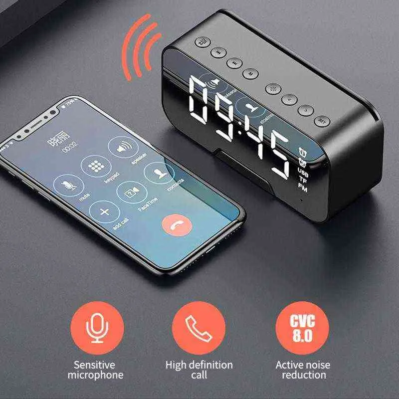 Miroir portable LED Réveil sans fil 5.0 Bluetooth FM Radio Lecteur de musique Électronique Horloge de table numérique avec double mode d'alarme 211111