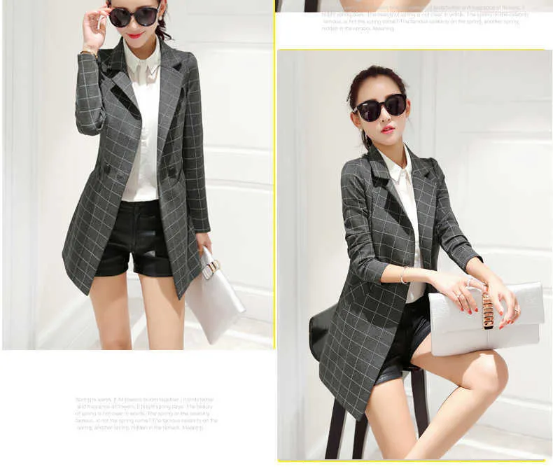 Mode Slim Plaid Dames Small Suit Jacket Koreaanse versie van het Formaat met lange mouwen Lange Dames Blazer Office 210527