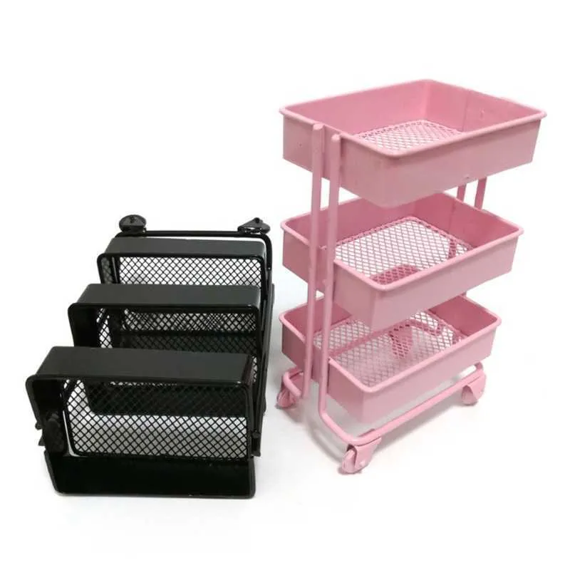 Mini Trolley Floor Storage Rack with Wheels Dollhouse Miniature Furniture Shelf Bookshelf Storage Display Rack Decorate 210705