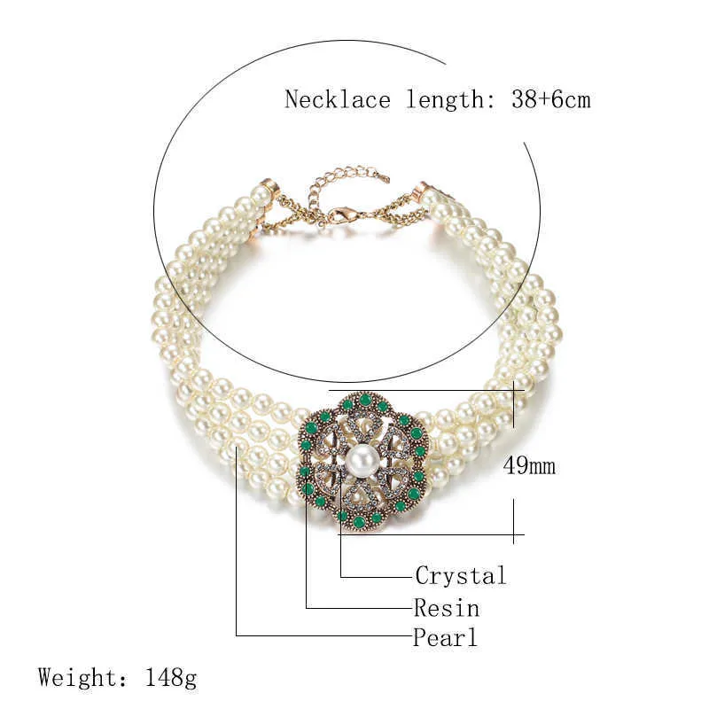 Luxus Ethnische Braut Hochzeit Halsband Antik Gold Farbe Mehrschichtige Perle Große Kristall Blume Halskette Marokko Schmuck