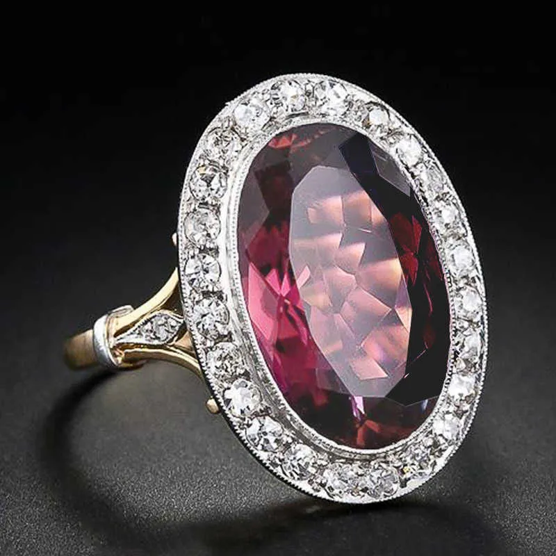 Huitan Gorgeous Women Wedding Party Finger Rings Oval Red CZ Two Tone Design Noble Birthday Gifts Female Elegant Fashion Jewelry X0715