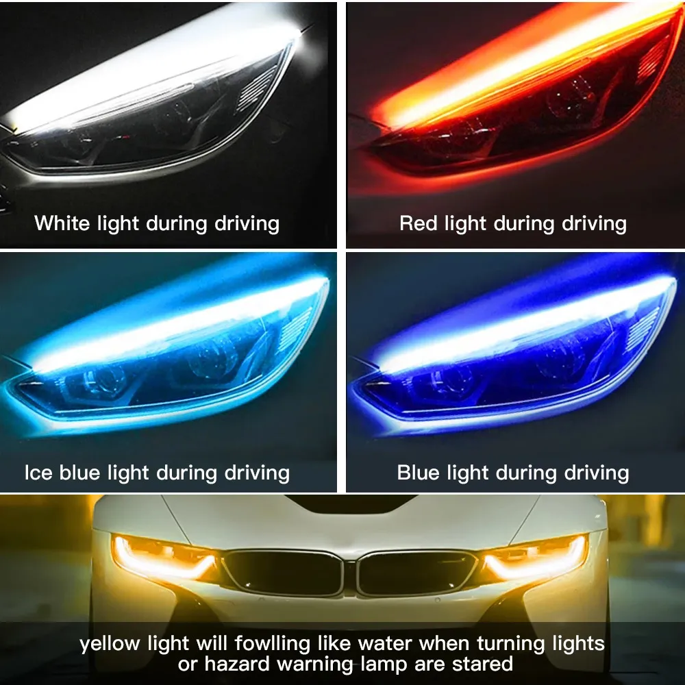 車のライト2ピースLED DRL昼間のランニングライトスタイリング動的ストリーマフローアンバーブロブターン信号警告ステアリングフォグデーランプ