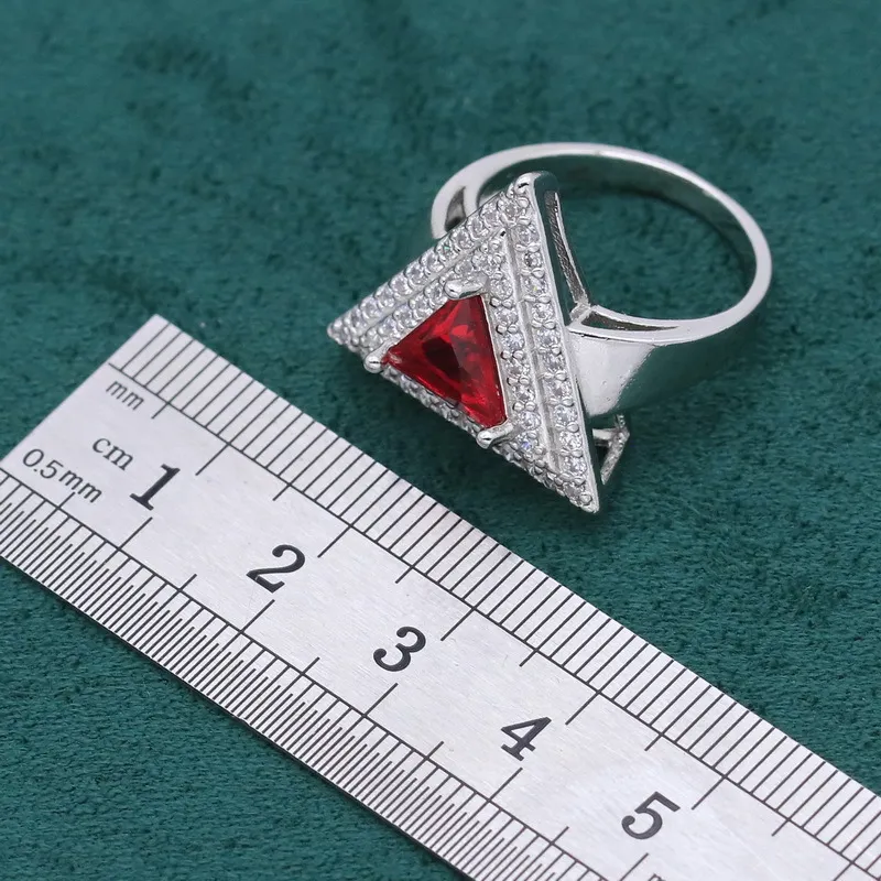2021 conjunto de joias de prata com pedras vermelhas geométricas para mulheres, pulseira, brincos, colar, pingente, anel 6209205