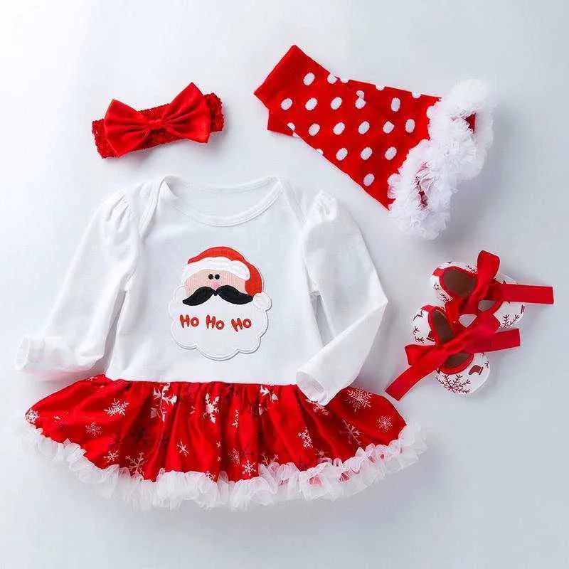 Baby Girl Christmas Dress Bawełna 1st Urodziny Body + Buty + Skarpety + Pałąk 4 sztuk Zestawy Odzież E2039 210610