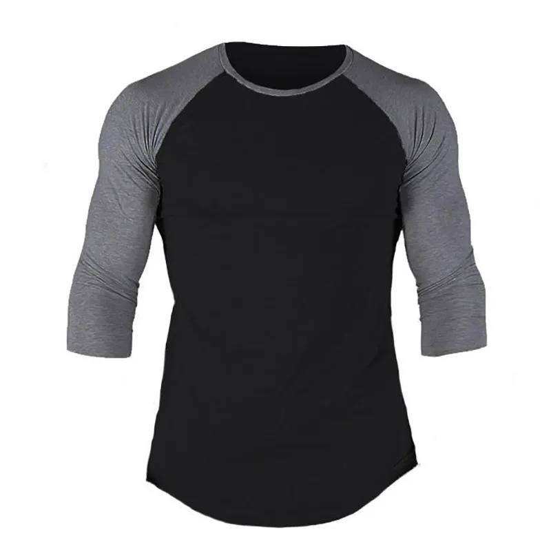 muscleguys 티셔츠 남자 봄 가을 7 분기 슬리브 O 넥 티셔츠 망 의류 패션 패치 워크 코튼 티 탑 210421