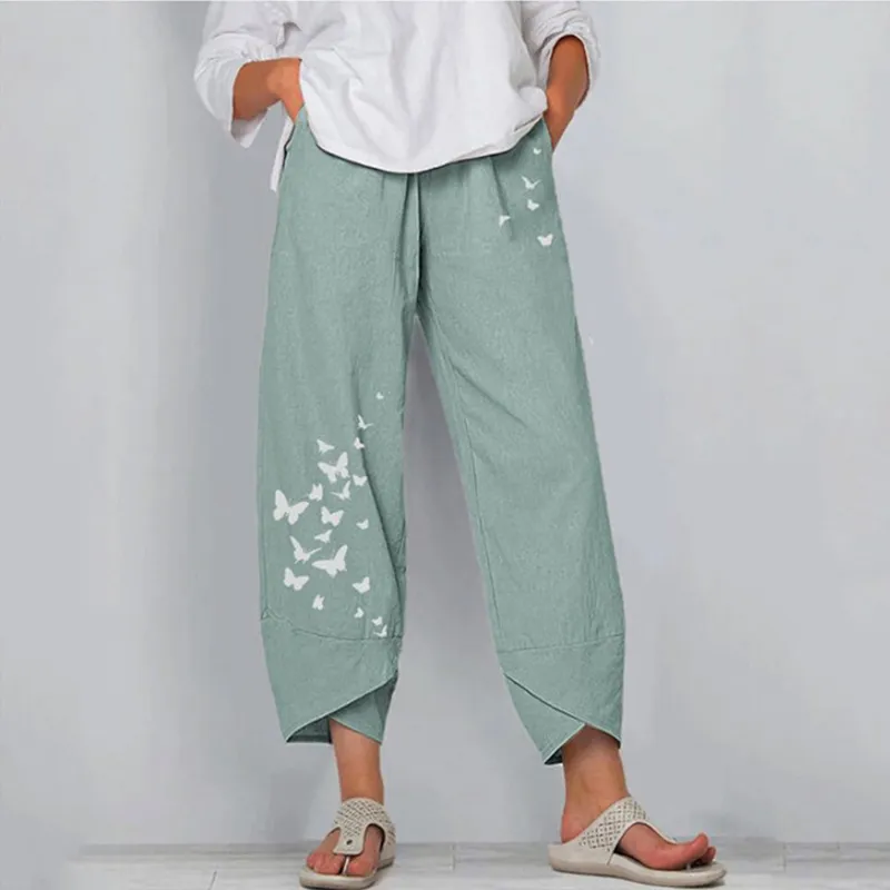 Kvinnor Casual Butterfly Print Wide Leg Pant Spring Sommar Elastiska Midja Byxor Kvinna Loose Streetwear Plus Size Pants 210416