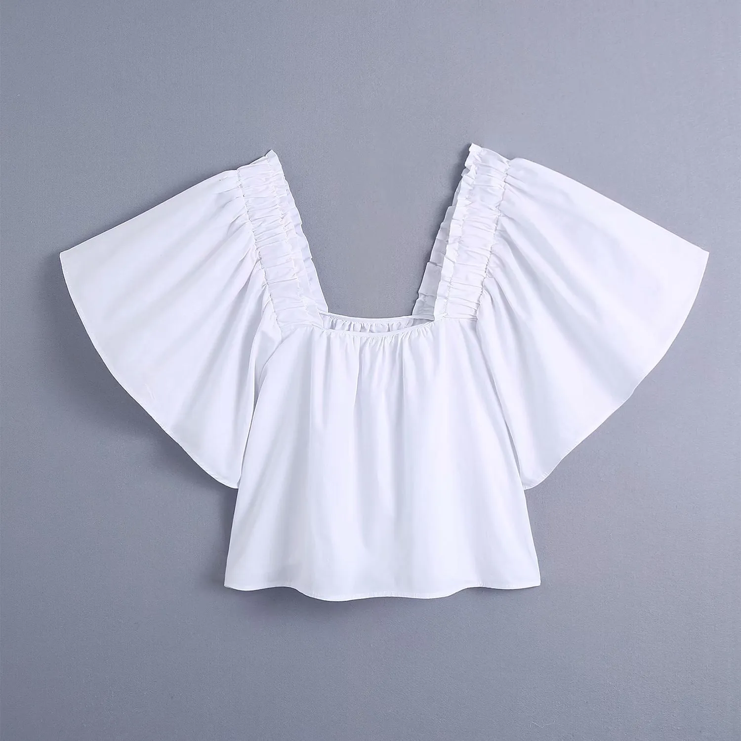 Col carré blanc style d'été manches bouffantes plis chemisier femme harajuku frais chic chemise à manches courtes femme tops 210507