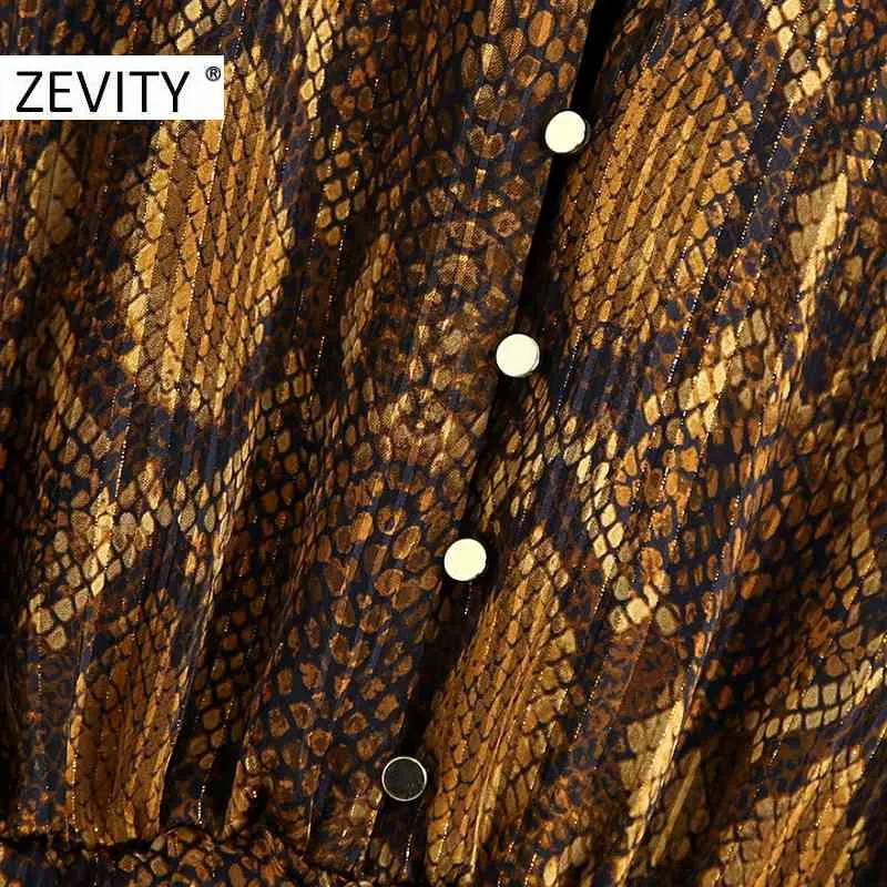 Zevity New Women Sexy Stand Collar Snake Skin Print Hem Ruffles Pleated Mini Dress Female Front Hole Long Sleeve Vestido DS4625 210401