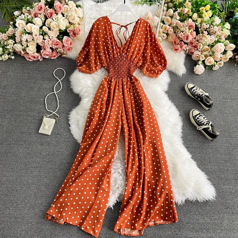 Sexy V-hals Bat Sleeves Taille Slanke Vintage Dot Print Jumpsuit voor Womens Mode Elegante Wide Leg Dames Bodysuit Zomer 210420