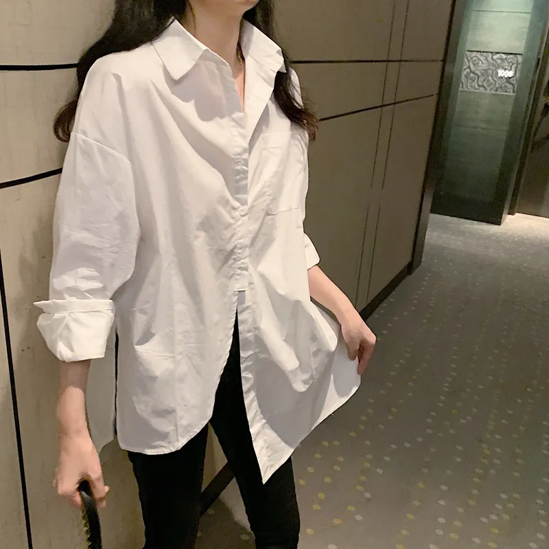 Camicie larghe taglie forti casual Camicie larghe bianche da donna in cotone lungo stile Hong Kong Top da donna 13511 210506