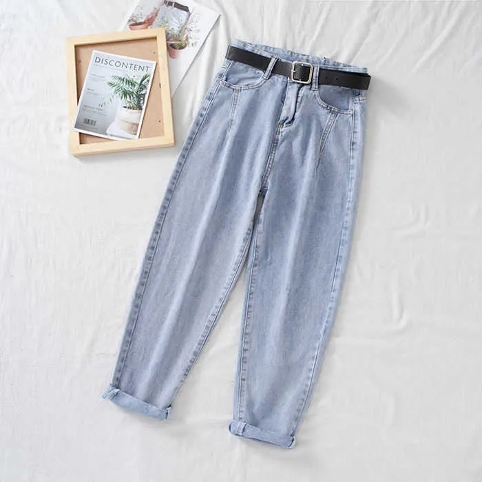 Frauen-Jeans mit hoher Taille und geradem Bein, weibliche lose dünne Hosen, einfarbig, gewaschene Karotte, Haremshose, kostenlose Schärpen, 2XL 210629