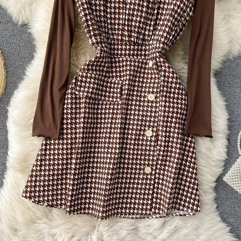 Singreiny Kadınlar Houndstooth Kayış Elbise Sonbahar Kış O Boyun Uzun Kollu Kore Casual Düğme Tops İki Parçalı Elbise 210419