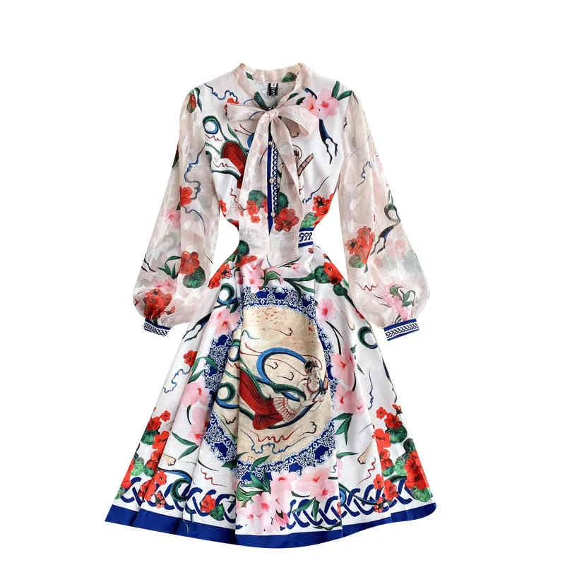 Style européen printemps automne femmes élégantes nœud à manches longues Vintage imprimé fleuri une ligne robe femme robes de soirée Vestido 210428