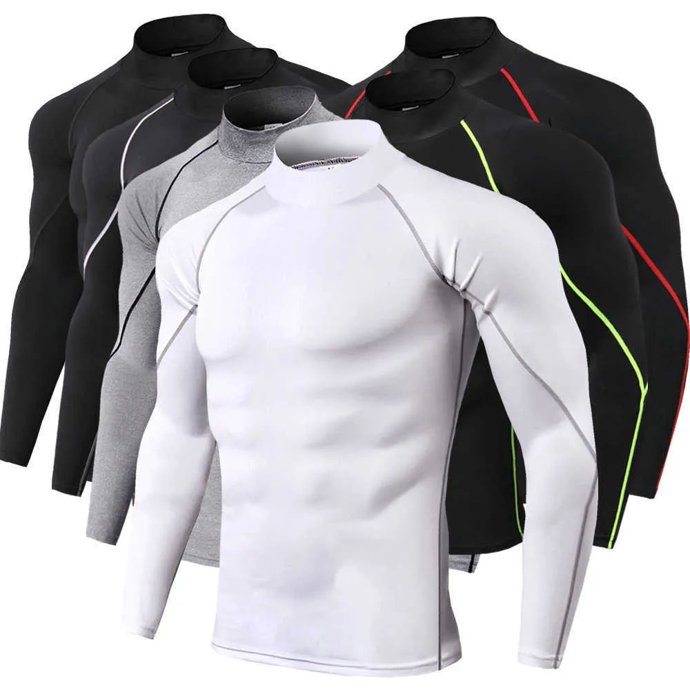 Koszulki ściskające High Collar Mężczyźni Kulturystyka Sportowa Koszulka Koszulka Z Długim Rękawem Top Siłownie T Shirt Fitness Tight Rashgard 210629