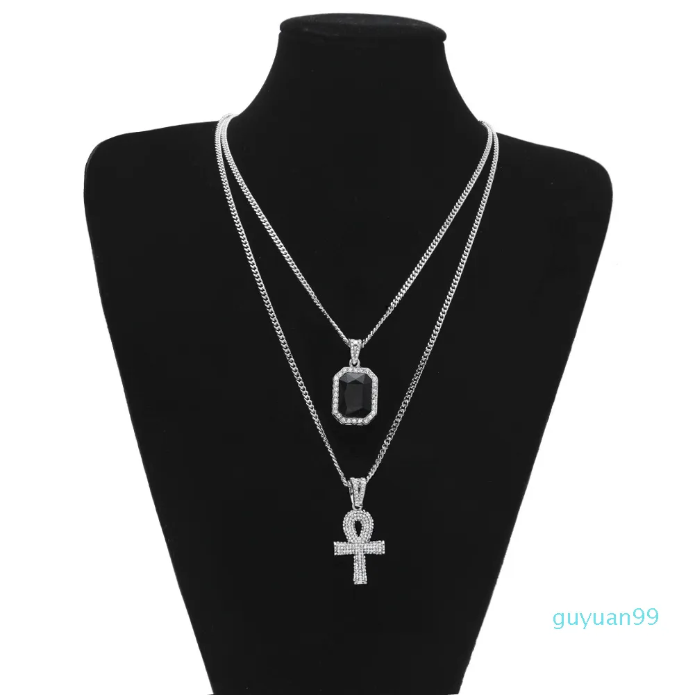 Pendentif croix en strass égyptien Ankh, clé de vie, avec pendentif en rubis rouge, ensemble de colliers pour hommes, bijoux Hip Hop 238i