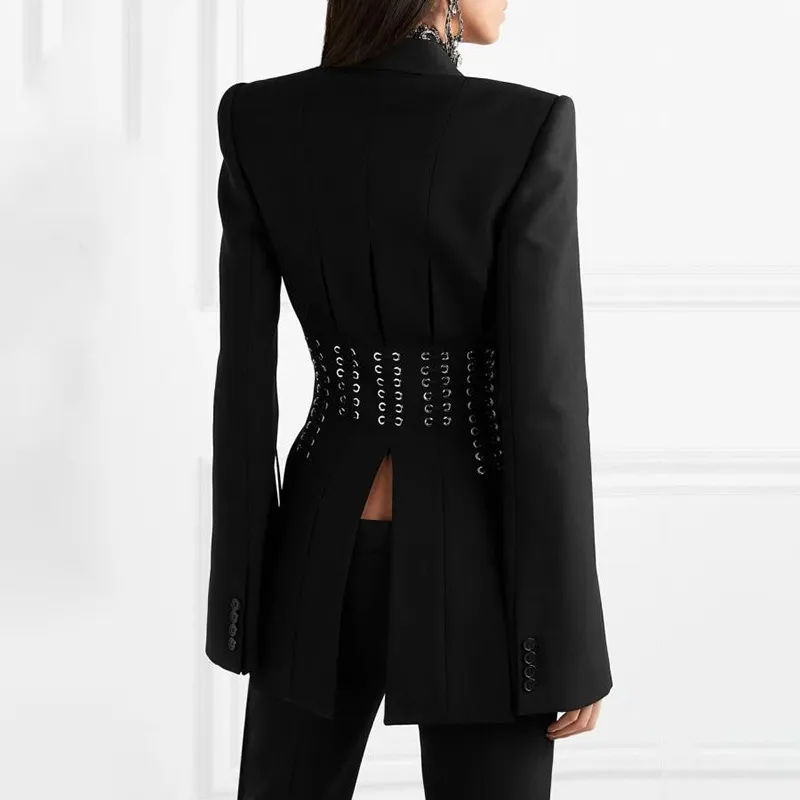Cranté Creux Out Lace Up Femmes Blazer Coréen Corset Taille Split Manches Longues Casual Top Mode Printemps GX1070 210421