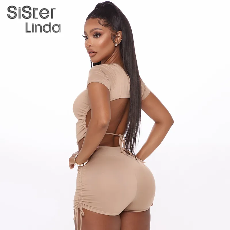 Sisterlinda FitNtracksuit mulheres 2 peças conjunto de manga curta backlbandage top e ruched bicicleta shorts outfit streetwear 2020 x0428