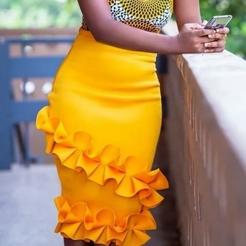 女性のハイウエストのスカートフリル弾性ボディコン鉛筆パーティーファッション春夏のアフリカのエレガントなジュペファレッドサイズプラスサイズ210416