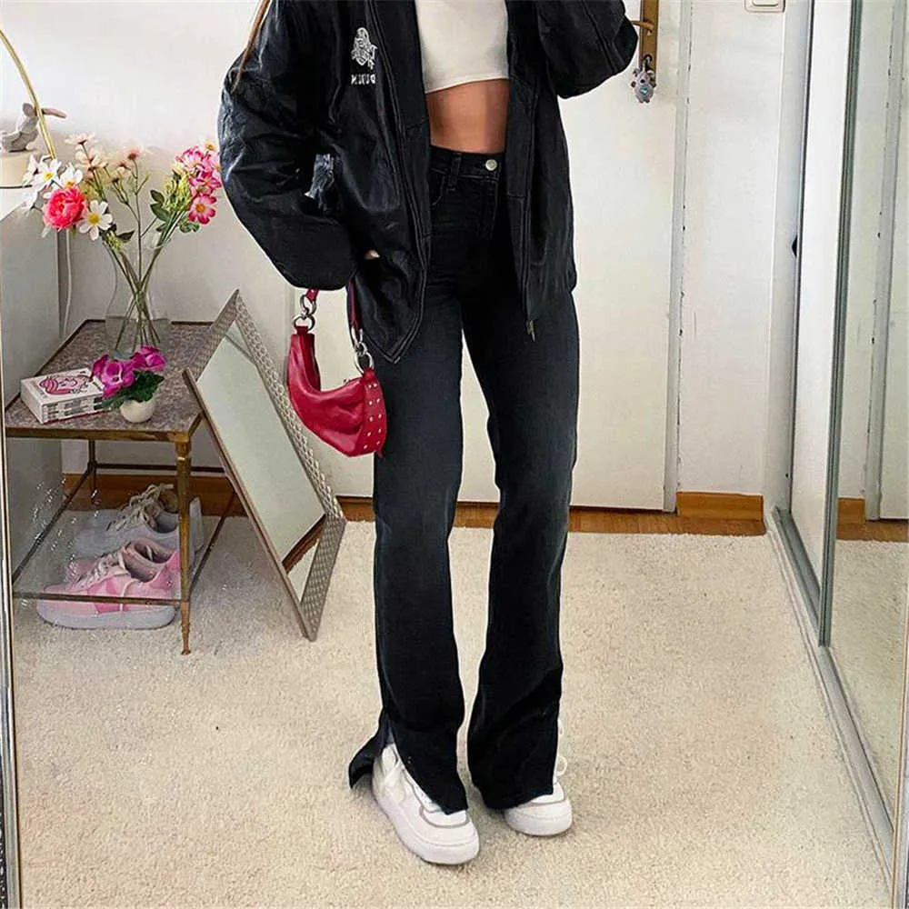 White Jeans Women High Waist Straight Ankle Split Casual Denim Trousers Office Lady Slim Pants Female Summer 210922