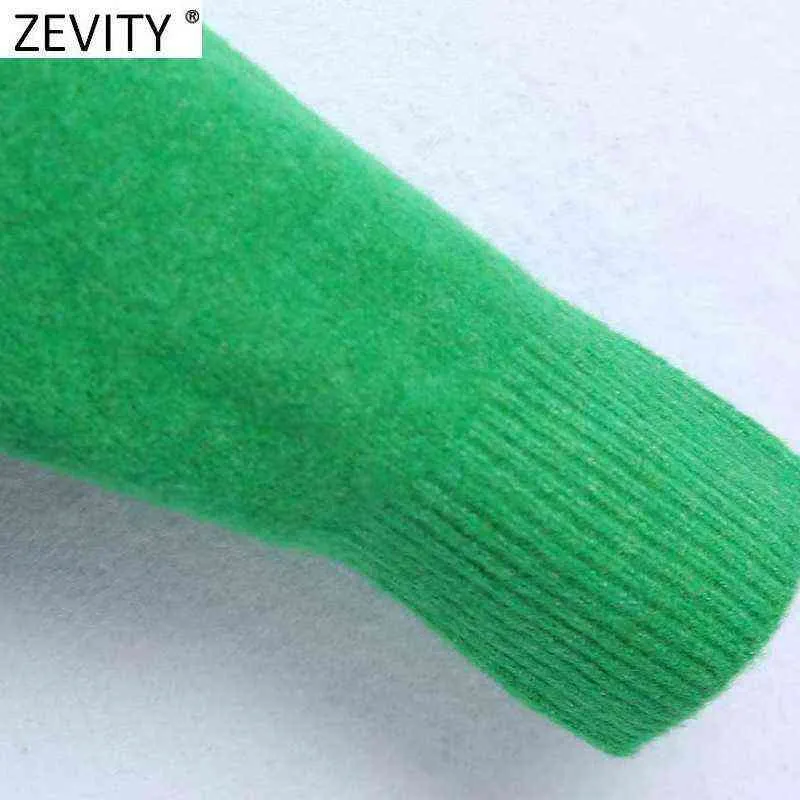 Zevity, suéter de punto informal de Color verde sólido con cuello falso para mujer, jerséis de manga larga básicos elegantes para mujer, Tops de marca SW900 211217