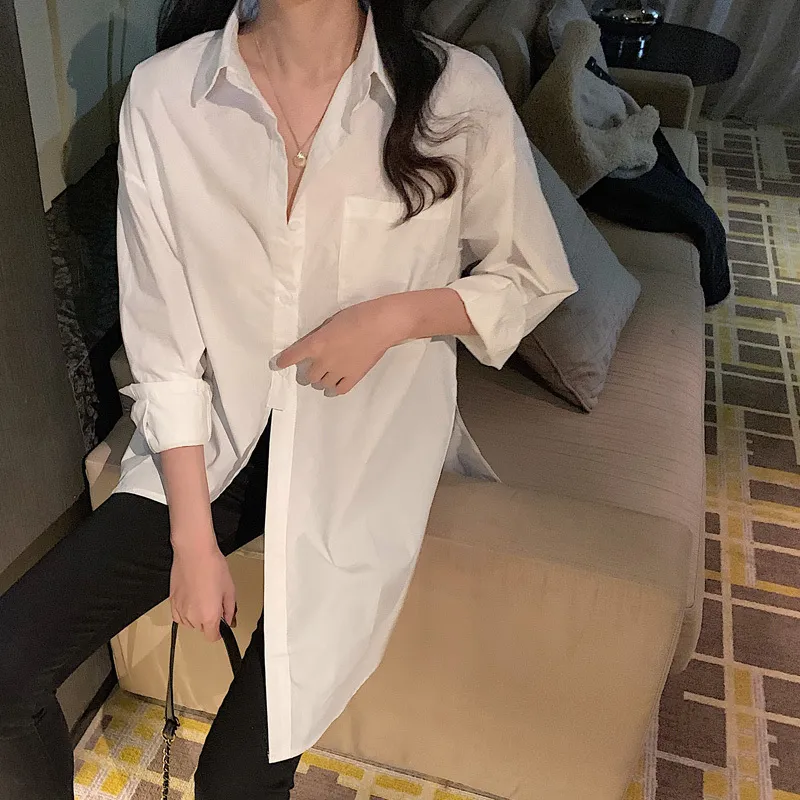 Blanc Femmes Coton Hong Kong Style Dames Tops Casual Plus Taille Chemises lâches Chemise à manches longues Vêtements 13511 210417
