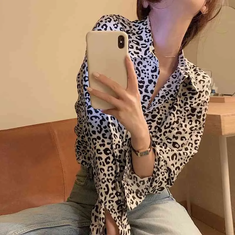 Ezgaga Leopardシャツの女性ヴィンテージ長袖春緩い韓国のエレガントなシックなオフィスの女性ブラウスファッションBlusas 210430