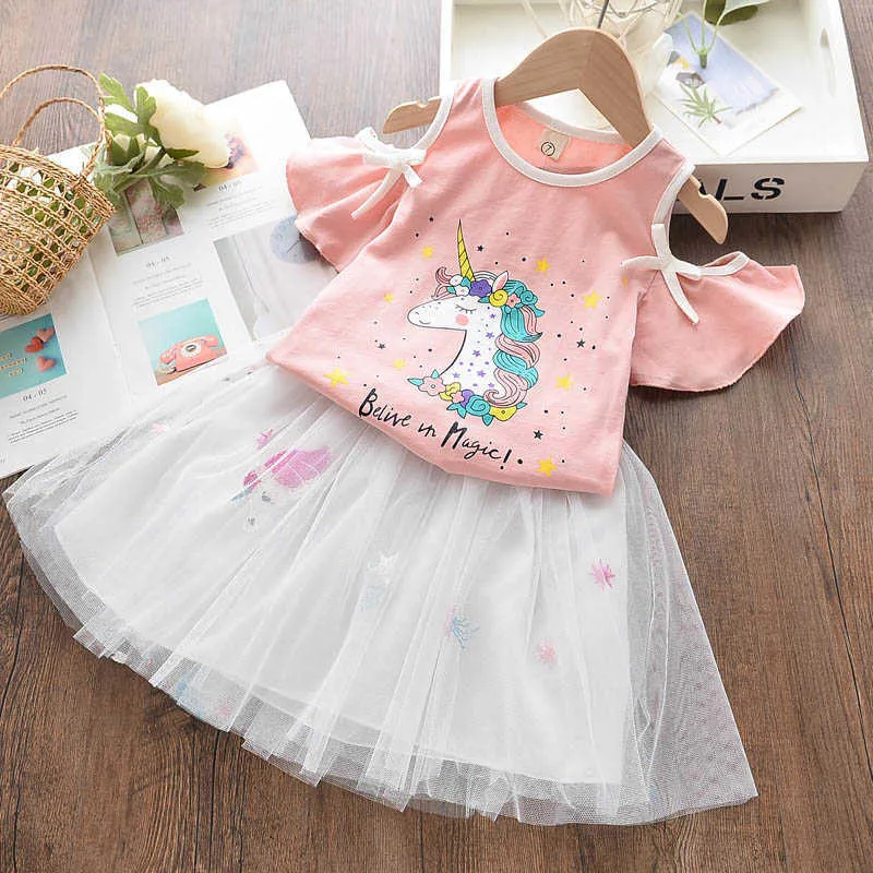 Bear Leader Girls Unicorn Dress Summer Cute Girl Kid Mesh Dress Cartoon Embroidery Vestidos Baby Suit Abbigliamento bambini 210708