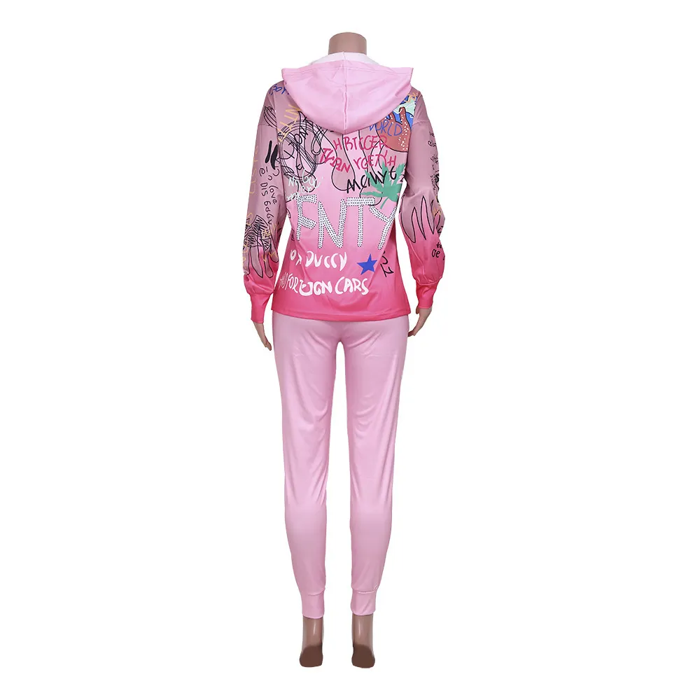 Groothandel Vrouwen Roze Kleding Herfst Winter Gedrukt Hoodies Sweatshirt Top Baggy Broek BF-stijl Cool Girl Streetwear 210525