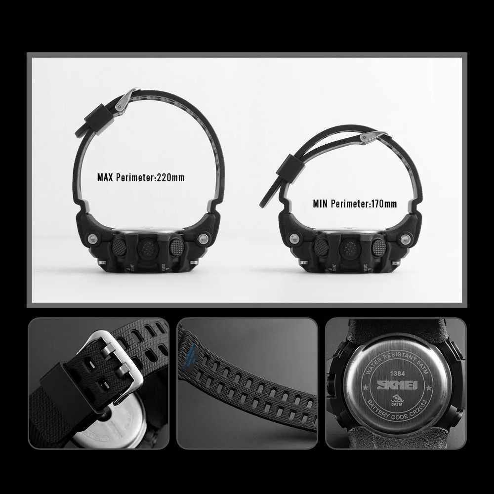 Skmei 5bar Waterproof 2 Time Sport Watch Stopwatch Count Down Mens Digital Watches Soft Clock för Male Reloj Hombre 1384 G1022299S