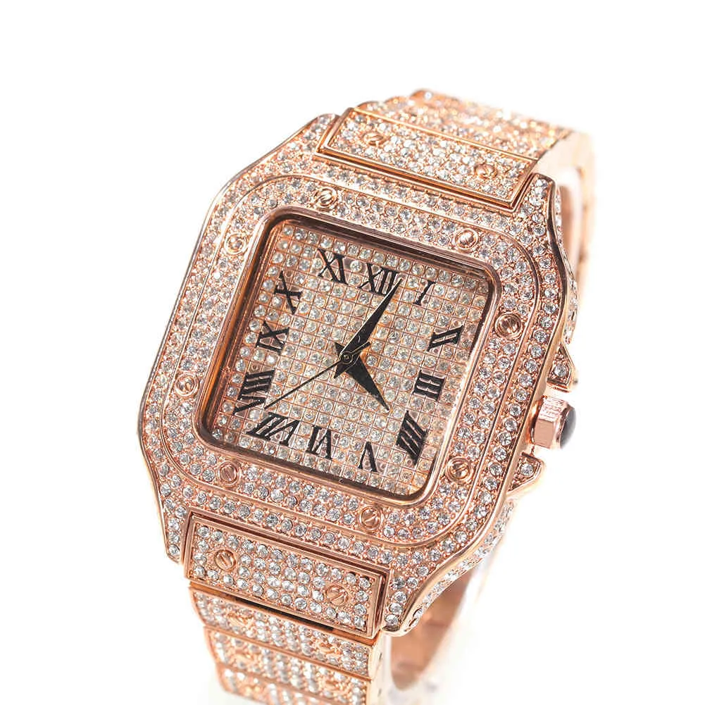 Hip Hop römische Skala Quarzuhr Mode voller Diamant quadratisches Zifferblatt Herrenuhr Mode Gold Uhren Schmuck287q