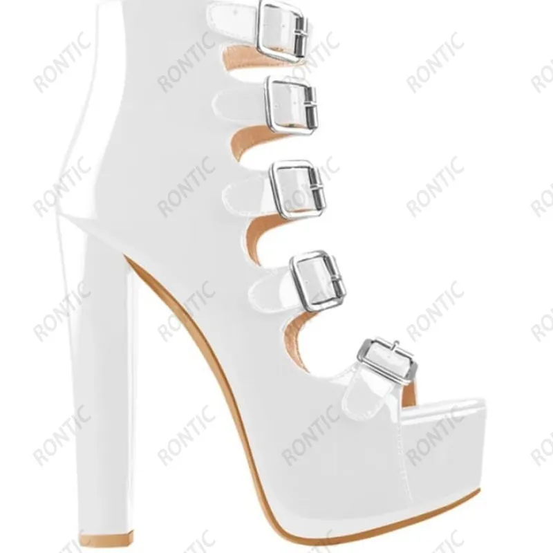 Rontic Elegante Mulheres Plataforma Outono Botas de Torno De Patente De Couro Pequeno Salto Redondo Toe Sapatos De Partido Preto Sapatos US tamanho 5-20
