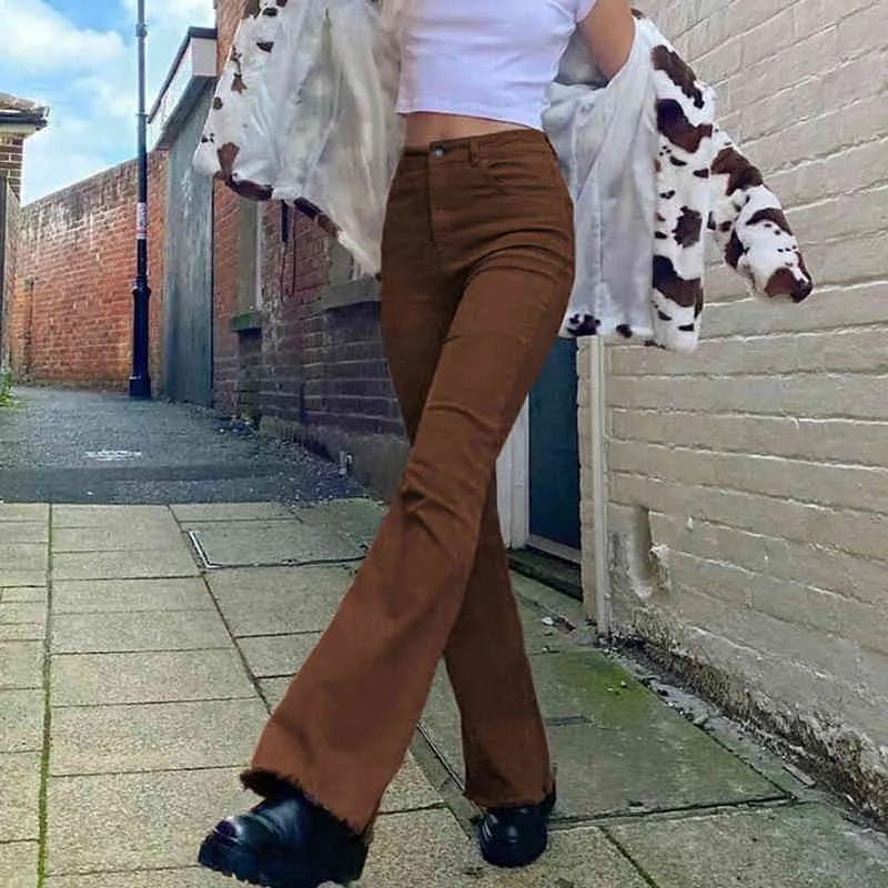 Jeans Y2K vintage marroni ragazze Moda femminile Pantaloni classici in denim a zampa d'elefante Pantaloni a vita alta Harajuku Capris Tasche 210415