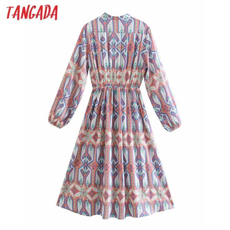 Tangada primavera moda mujer geometría impresión camisa vestido manga larga cintura Strethy Oficina señoras Midi vestido 2W76 210609