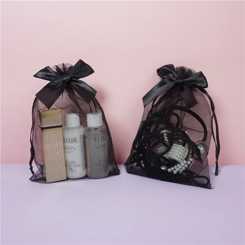10 15 см сумки из органзы на шнурке с бантом черного цвета, прозрачная упаковочная сумка, подарочные пакеты, сумка для ювелирных изделий, сумки для конфет package252H