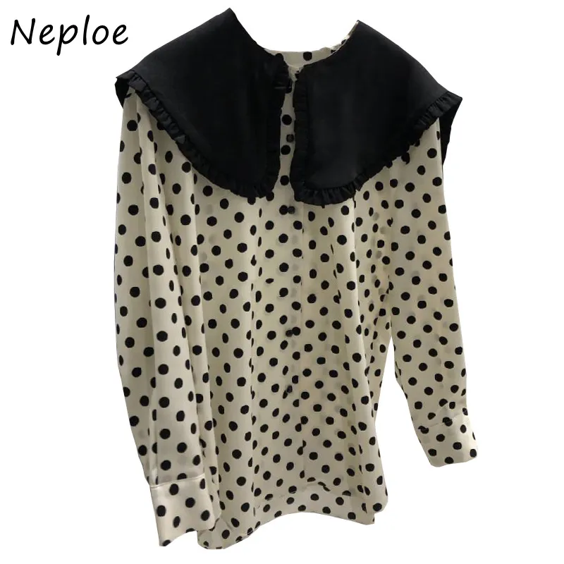 Collier de poupée à manches longues Pull Blouse Femmes Vintage Dot Hit Couleur Lâche Blusas Printemps Chemise Feminino 210422