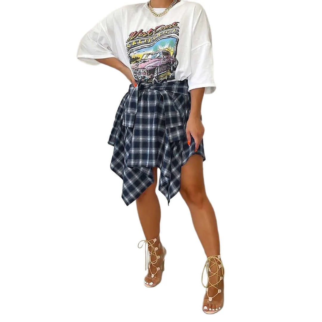 2022 Designer Skirt For Women Fashion Plaid Shirt Irregular Lattice Tied Sleeve Fake Dress Fashion Ladies Casual Clothes