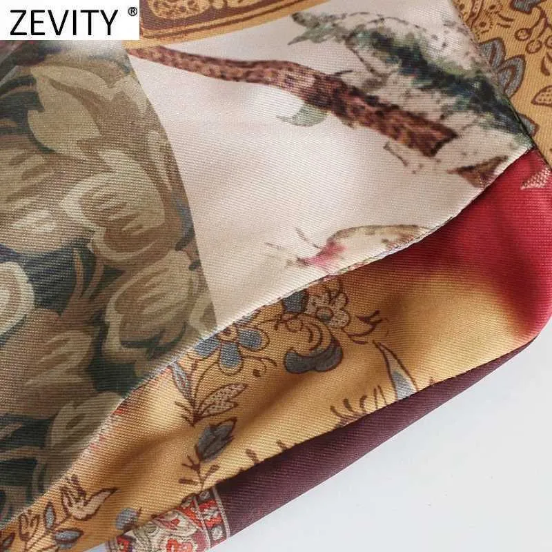 Zevity femmes Vintage tissu Patchwork imprimé Satin pantalon droit rétro femme taille élastique poche latérale Chic Long pantalon P1004 210925