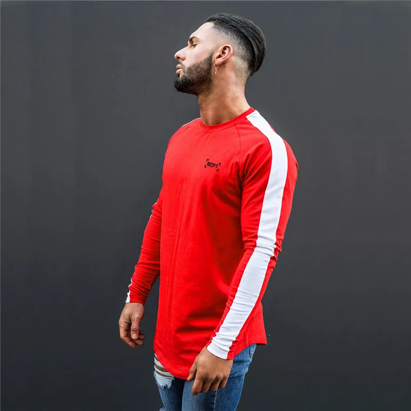 Brand New Autunno Cuciture T-shirt a maniche lunghe da uomo in cotone O Collo T-shirt fitness Solid Hip Hop Streetwear Uomo Slim Fit Tshirt 210421