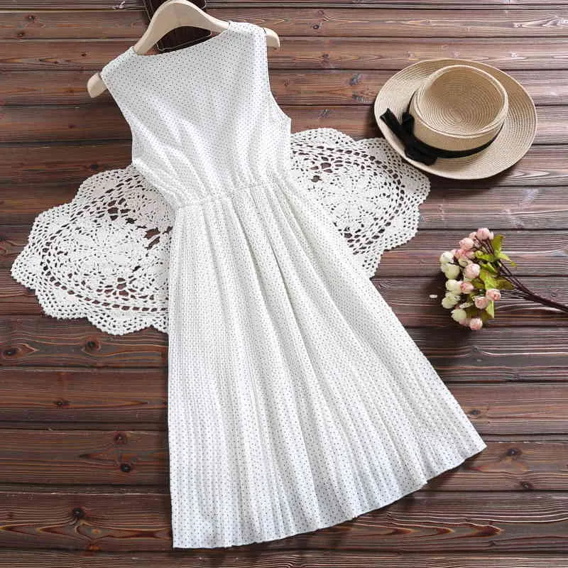 Elegant Sweet Chiffon Kawaii Pleated Dress Summer Korean Chic Sundress Women White Red Polka Dot Sleeveless Ruffles 9858 210508