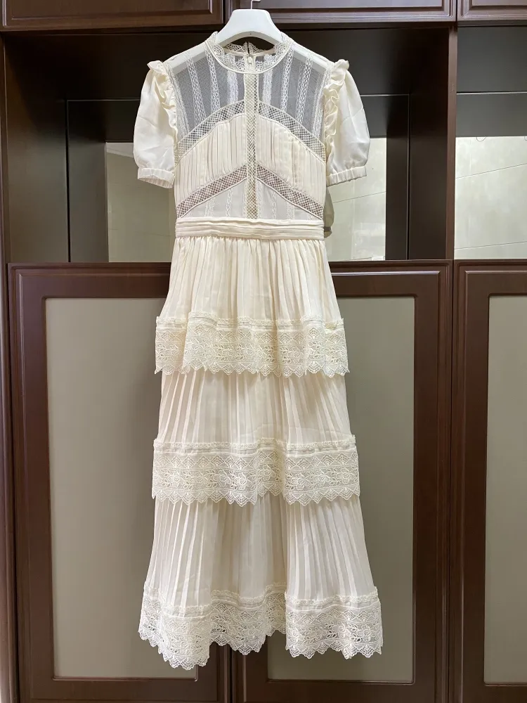 Vestido de diseñador de autorretrato de pasarela de alta calidad, vestido de mujer de verano de retazos Vintage con volantes de encaje acampanado ajustado Maxi Midi 210506