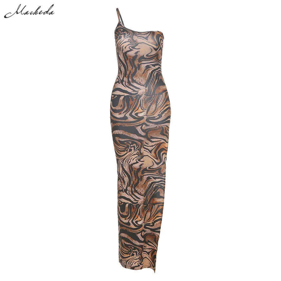 Macheda Women Fashion One-Borew Sling Bodycon Sukienka Lato Bez Rękawów Print Street Casual Długa Dress For Party Club New X0705